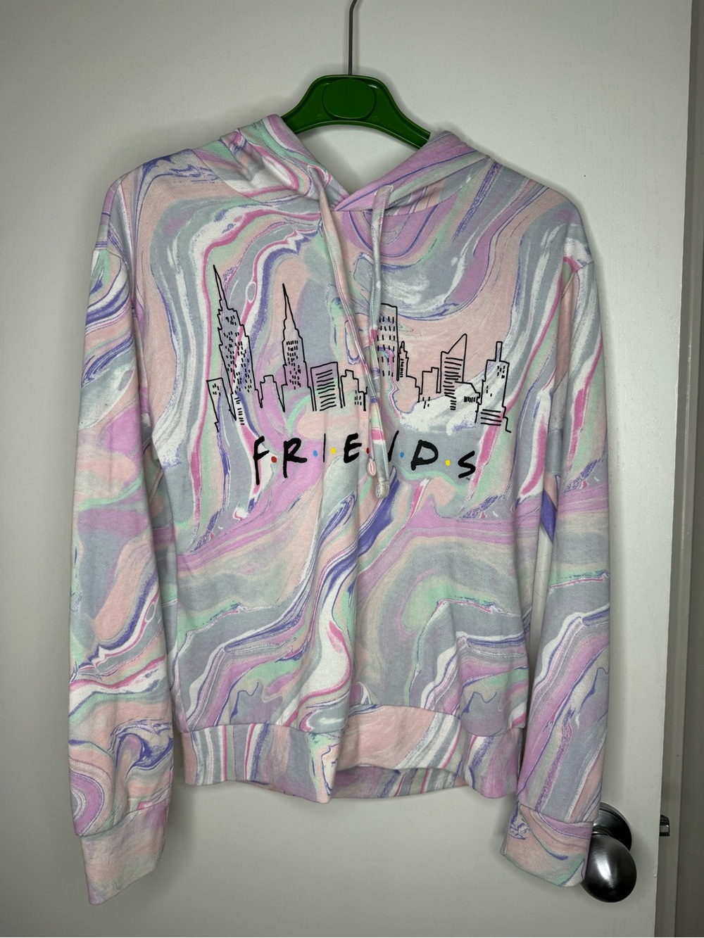 FRIENDS Marble Print Pullover Hoodie in Pastel Swirl Small